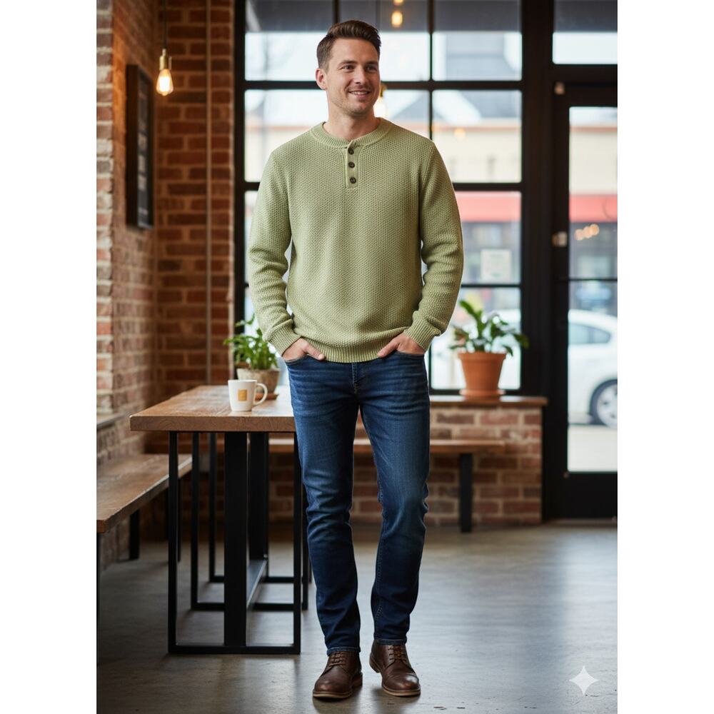 Oscar‎ De La Renta Sweater Mens Green Henley Cabincore Lounge Knit Size Large